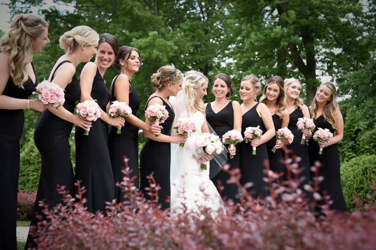 Kerry Harrison nemours waterfall wedding bridal party in garden laughing