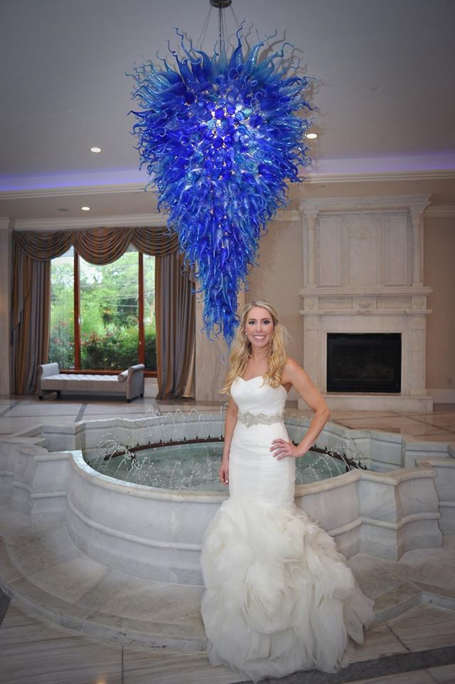 Kerry Harrison nemours waterfall wedding bride with blue chandelier